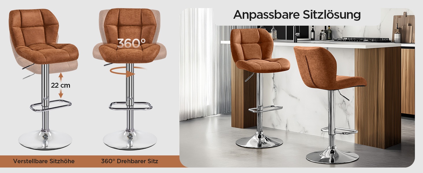 Барні стільці Yaheetech - набір з 4 шт., регульована висота, обертання 360°, з підніжкою, PU-шкіра, чорний/ретро-коричневий