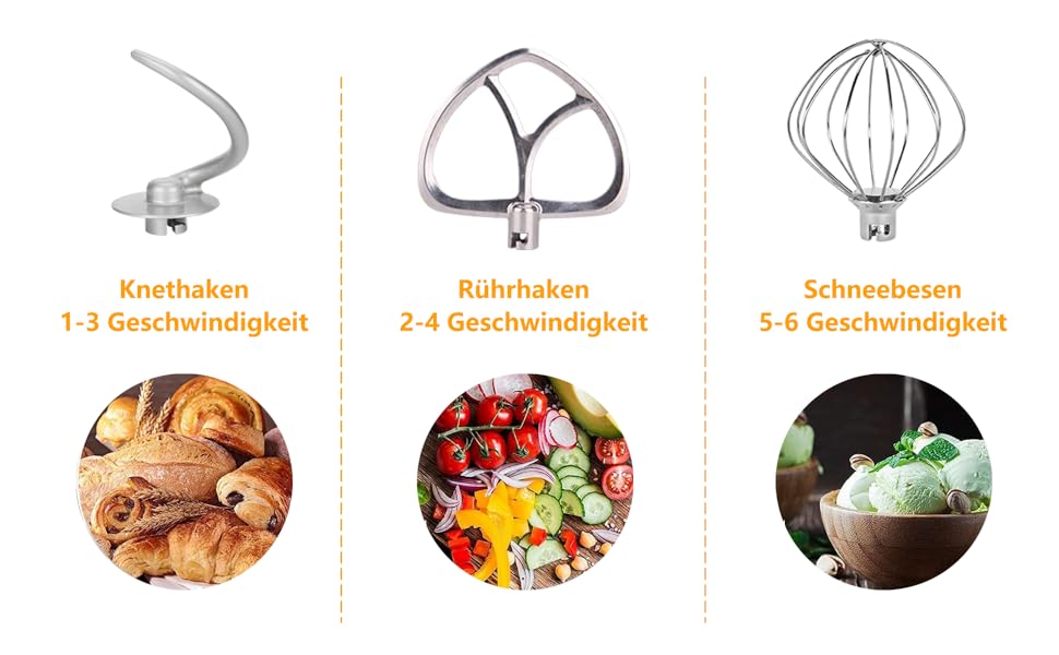 Кухонна машина AUMATE 1400W, 8 л, з міксером, гаком для тіста та вінчиком, 6 швидкостей, чорний колір