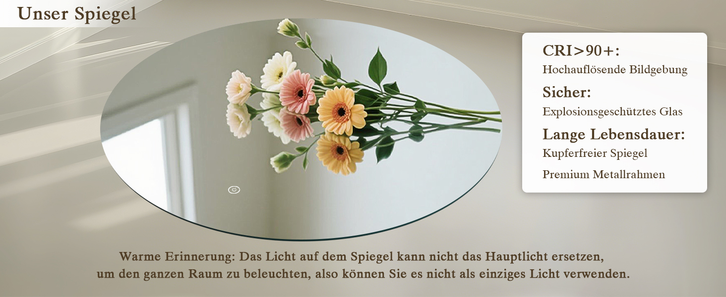 LED-дзеркало для ванної кімнати круглої форми 50 см з підсвічуванням, сенсорним вимикачем, регулюванням яскравості, 3 кольорами світла, функцією пам'яті, HD скло, захист від вибуху