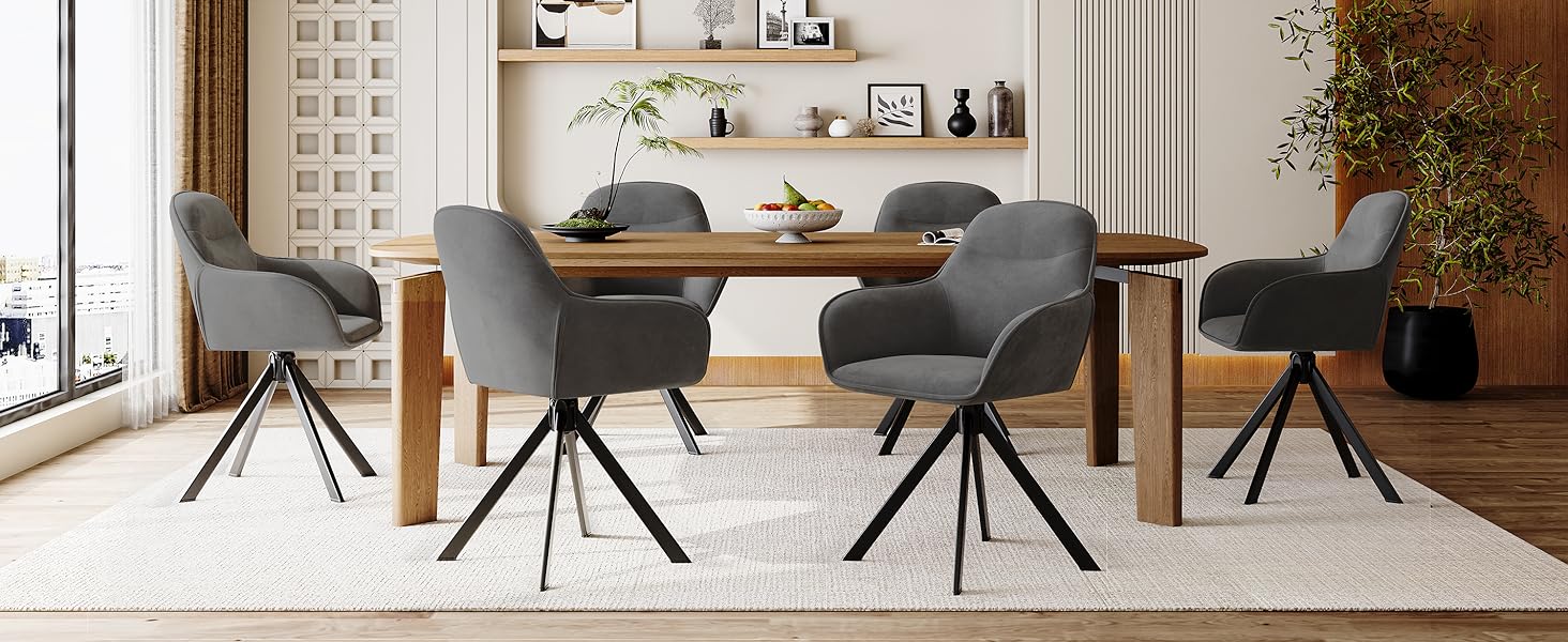 Набір з 6 обертових кухонних стільців з підлокітниками, м'який стілець з велюру, для вітальні та їдальні, темно-сірий