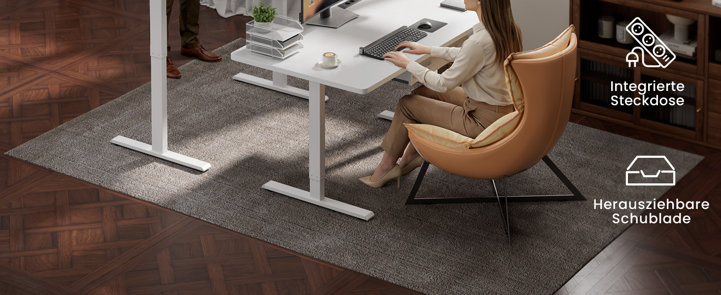 Електричний регульований стіл HLONONE 140x80 см з шухлядами, розетками та USB, білий. Стоячий стіл з функцією пам'яті.