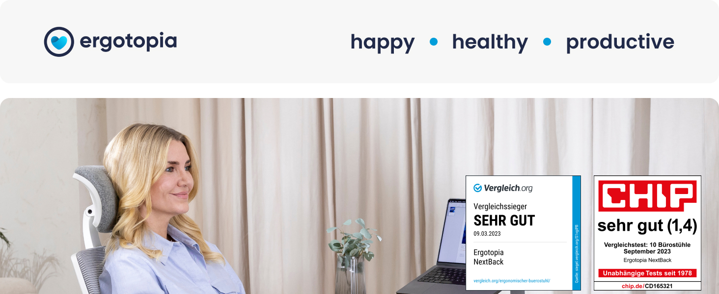 Ergotopia NextBack: ергономічне крісло для офісу з підтримкою спини | Крісло для роботи з підголівником та підлокітниками | 5 років гарантії (сірий/білий)