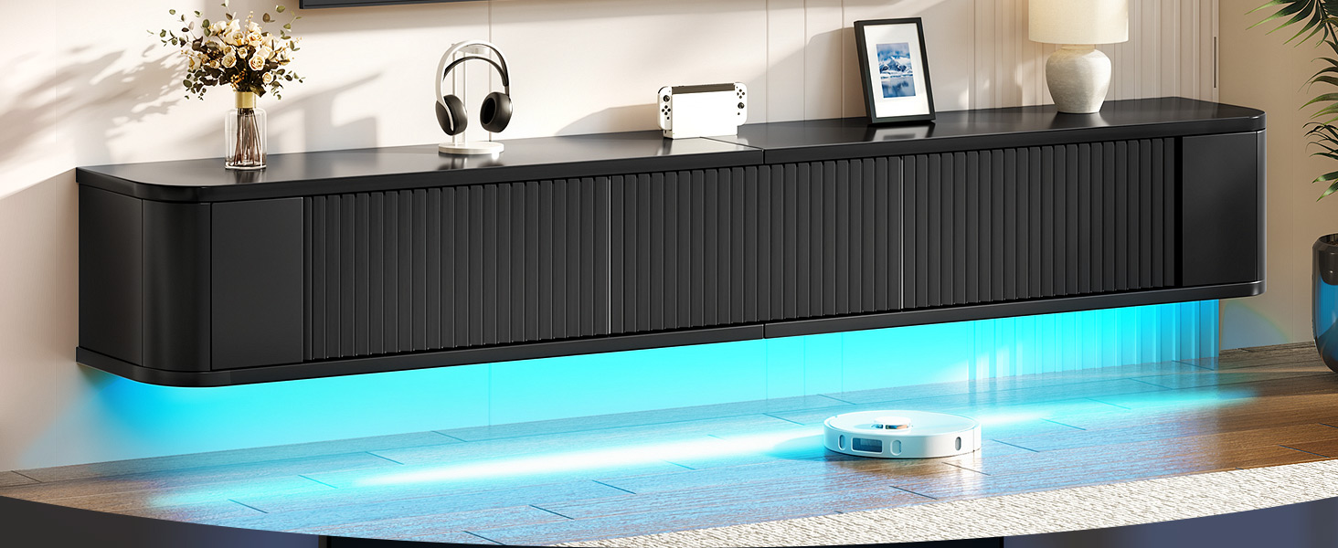 Підвісна тумба під телевізор YITAHOME 140 см з RGB підсвіткою, чорна. Настінна поличка для ТБ з великим об'ємом для вітальні та спальні (180x25x20 см)