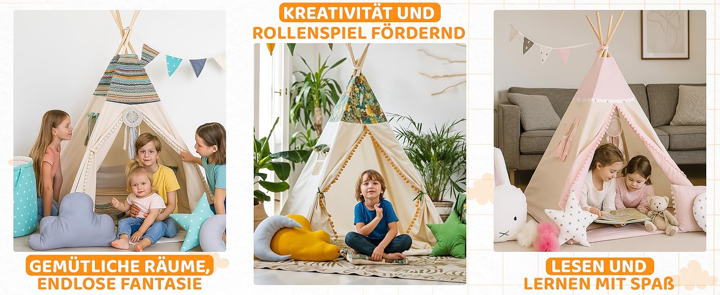 Дитячий намет-тіпі Rainbow Kids: бавовняне полотно, різні кольори та візерунки, з аксесуарами (Вовк, зірка, рожевий)