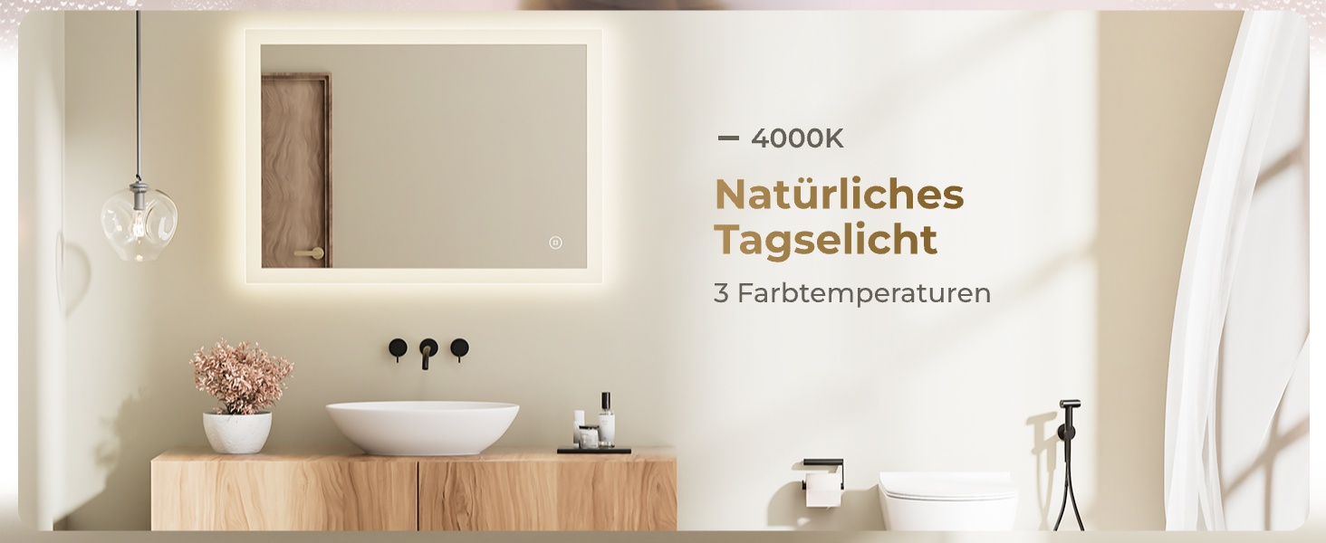 Дзеркало для ванної кімнати з підсвічуванням LED 80x60 см, регульоване, з протитуманним покриттям, вертикальна/горизонтальна установка, 3 кольори світла (3000K/4000K/6500K)