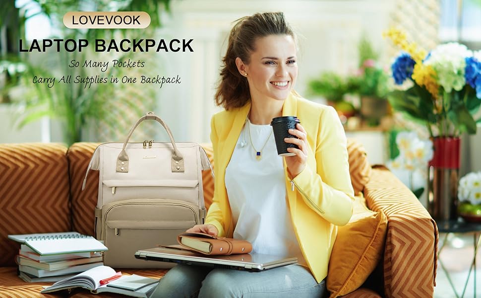 Рюкзак для ноутбука LOVEVOOK для жінок, великий шкільний рюкзак для підлітків, рюкзак ручної поклажі, водонепроникний дизайн, дихаючі плечові ремені, для університету, школи та подорожей, бежево-сірий (17 дюймів, B- Beige Khaki)