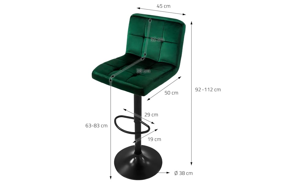 Набір ML-Design з 2 барних стільців, оксамитовий зелений, регульований по висоті, поворотний на 360, зі спинкою та підставкою для ніг