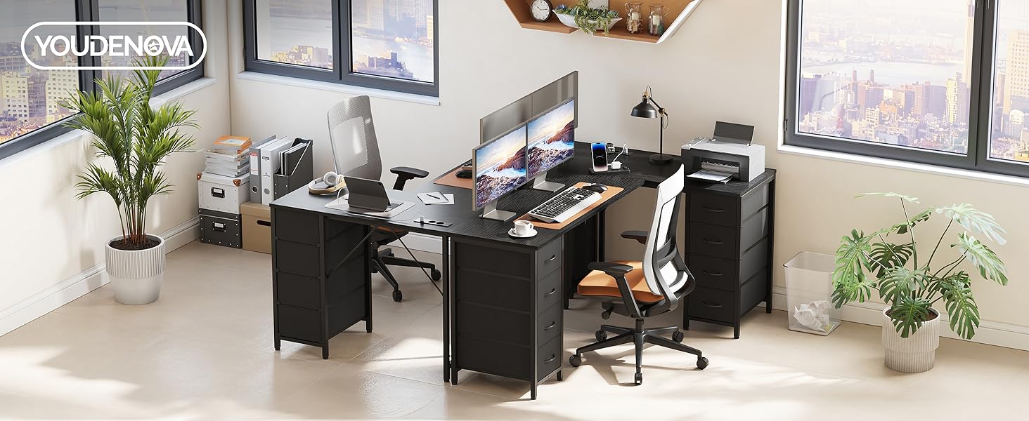 Кутовий стіл YOUDENOVA 150x100 см з шухлядами, розеткою та USB-зарядом, чорний. Стол L-подібний з місцем для зберігання