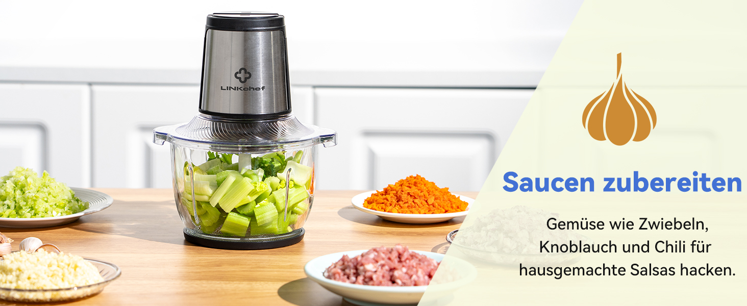Подрібнювач LINKChef електричний 1.5л, скляна чаша, сталеві ножі, 2 швидкості, для м'яса, фруктів, овочів та дитячого харчування, сріблястий