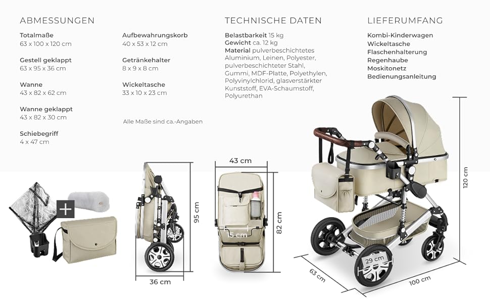 Дитяча коляска Tectake 2 в 1: розкладний візок-ліжко з підніжкою, тримачем для напоїв, люлькою та дощовиком (сірий/бежевий)