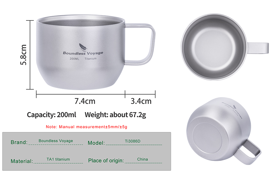 iBasingo чашка для еспресо Titan 200мл, подвійні стінки, нержавіюча сталь, для лате, капучино, какао, чай, подорожі, кемпінг, ультралегка, міцна