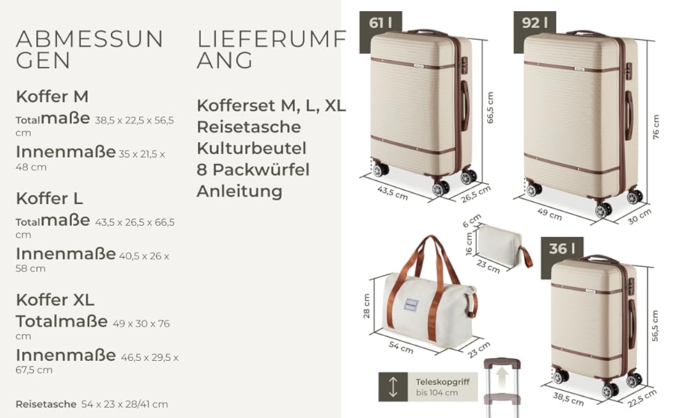 Набір валіз Tectake® 13 предметів: валіза, сумка, ролер, валіза на колесах, 3 великі валізи, TSA-замок, кремовий колір