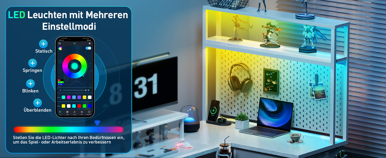 Ігровий стіл HLONONE з LED підсвічуванням, L-подібний кутовий стіл для ПК з 3 розетками та 2 USB, реверсивний, з підставкою для монітора та полицею (170 x 100 см, білий)