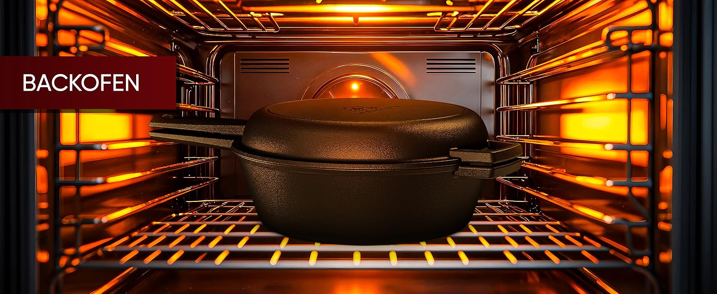 Нідерландський горщик 2в1 з чавуну 4.8л & сковорода з чавуну 1.8л - Набір нідерландського горщика з подвійною функцією - з кулінарною книгою та аксесуарами для барбекю, кемпінгу та кухні - 30 років гарантії (2в1 сковорода)