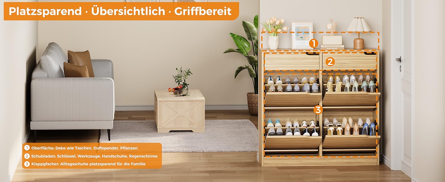 Шкаф для взуття IRONCK з 4 дверцятами, вузький, з 2 висувними ящиками, окремо розташований, з регульованими перегородками, для прихожого, входу та вітальні (білий). Матеріал: дерево. Розміри: 100x23.5x98 см