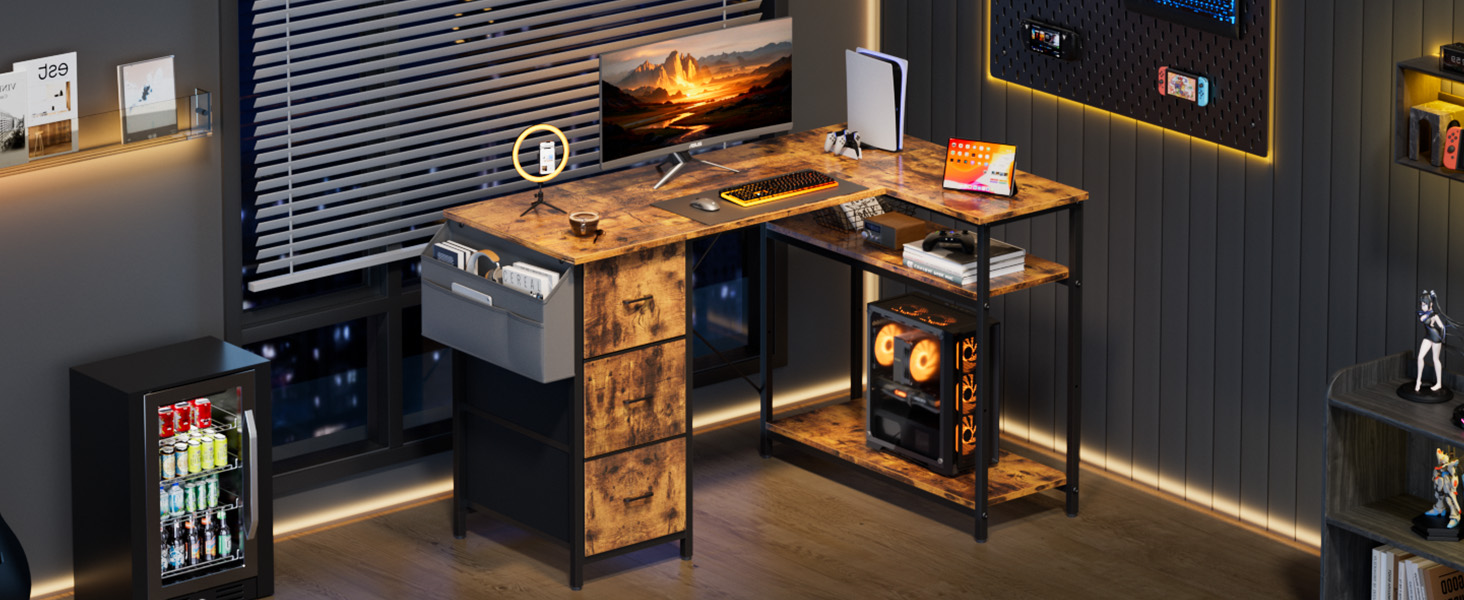 Комп'ютерний стіл HLONONE L-подібний з 3 висувними ящиками для тканини, з полицями та бічною кишенею, для офісу, геймінгу та дому, білий (140 x 80 см, коричневий)