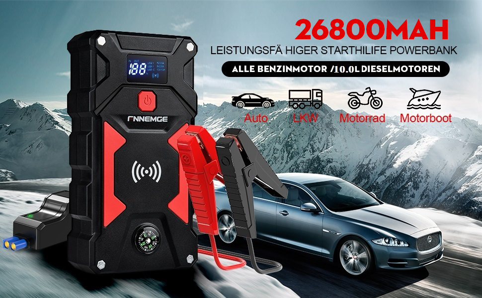 Бустер автозапуску FNNEMGE 9000A 26800mAh для бензинових та дизельних двигунів до 10.0л, пусковий пристрій Powerbank 12V з Quick Charge 3.0 та LED-ліхтарем