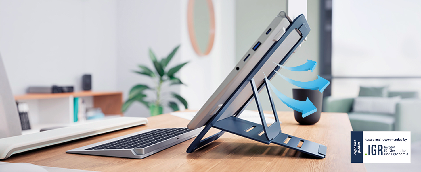 Підставка для ноутбука Leitz Ergo, регульована по висоті, для ноутбуків 13'-15', з 80% переробленого пластику, 6 положень висоти та кута, компактна, 100% перероблювана, алюміній Ultra-Flat, темно-сірий