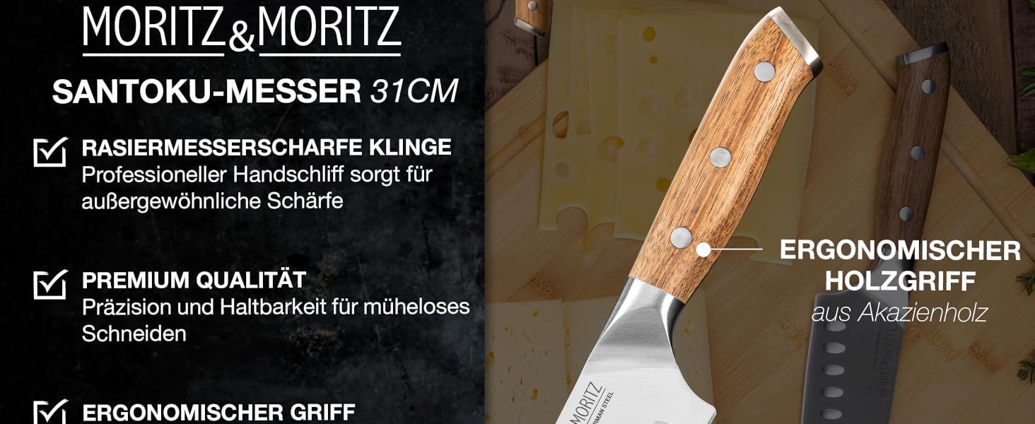 Ніж кухарський Moritz & Moritz 20 см з дамаської сталі 67 шарів - професійний ніж для кухні з ергономічною ручкою з акації