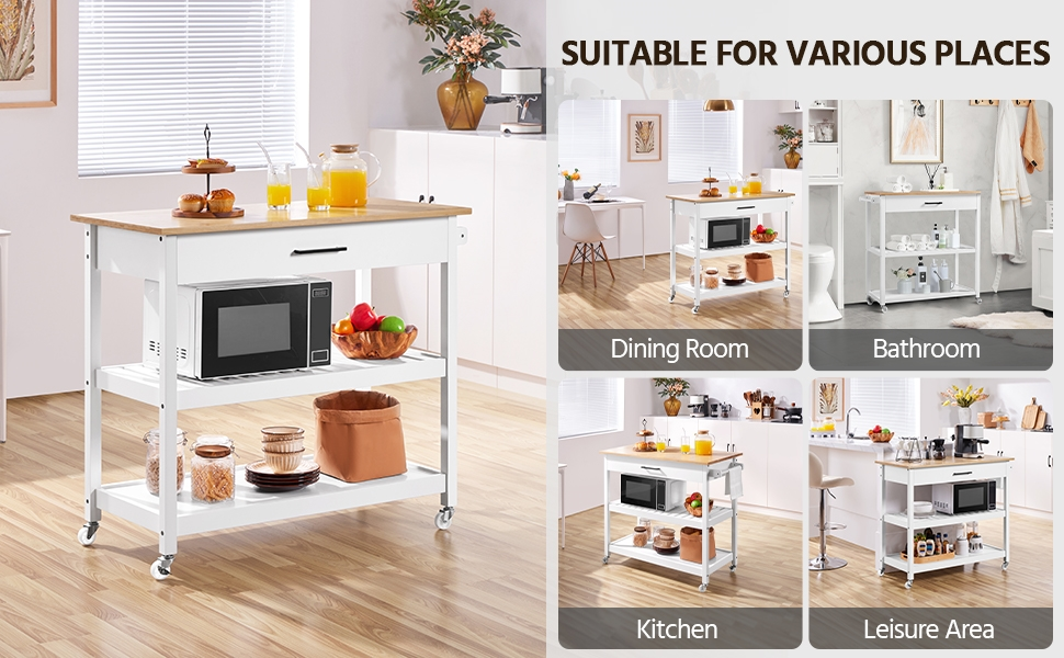 Сервісний візок Yaheetech з шухлядою, кухонний візок з 2 полицями, мобільний візок, кухонна вітрина, мобільний острівець, білий, 51 x 101,5 x 92 см