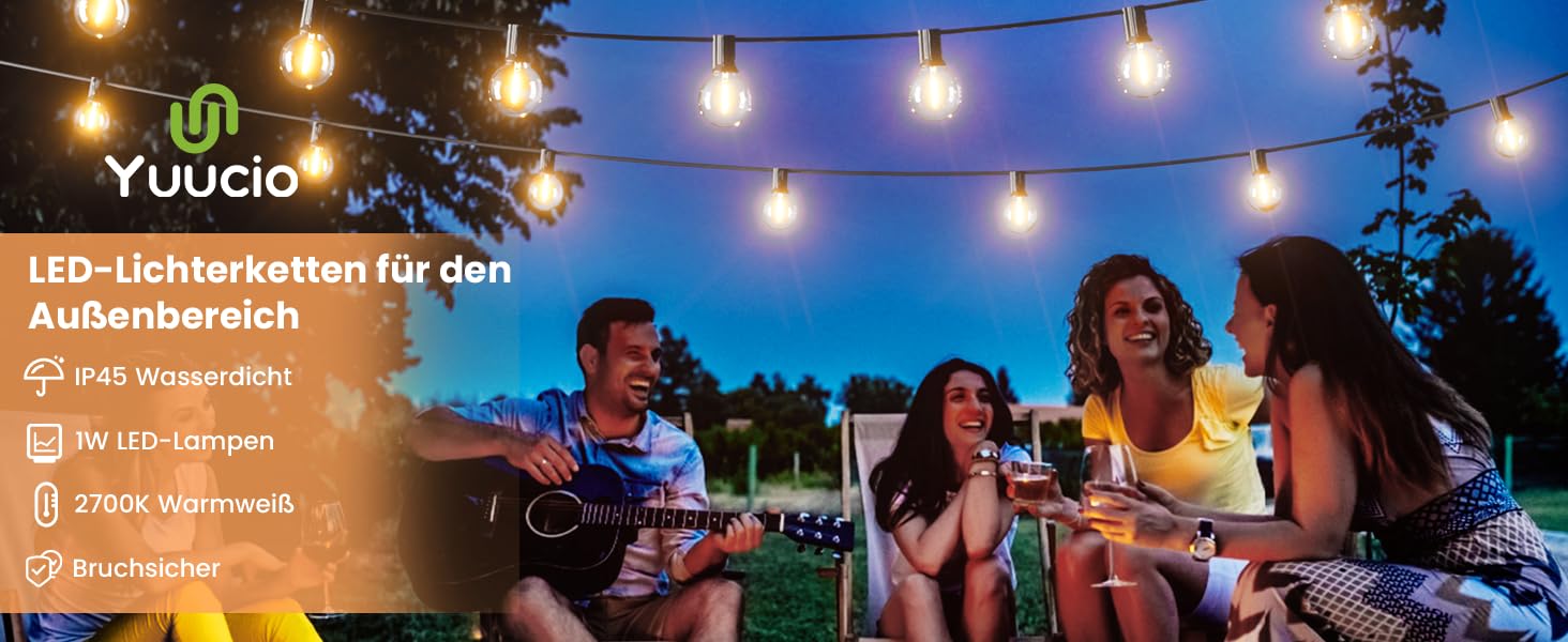 LED гірлянда вулична 15м, 16 ламп, IP65, теплий білий 2700K, для саду, тераси, весіль