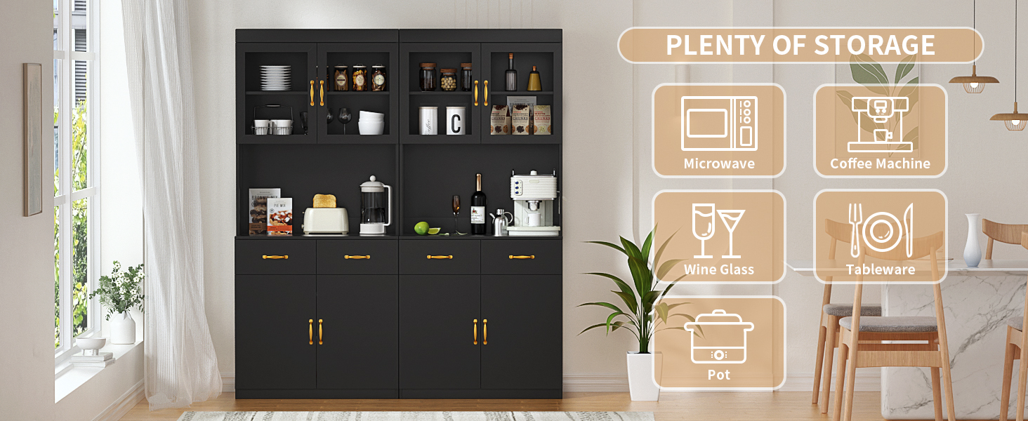 Кухонна шафа VOWNER з робочою поверхнею, буфет на кухню з 4 шафами, вітрина, буфет з регульованими полицями, 80 x 40 x 180 см, для кухні, вітальні, офісу, їдальні (білий) (чорний)