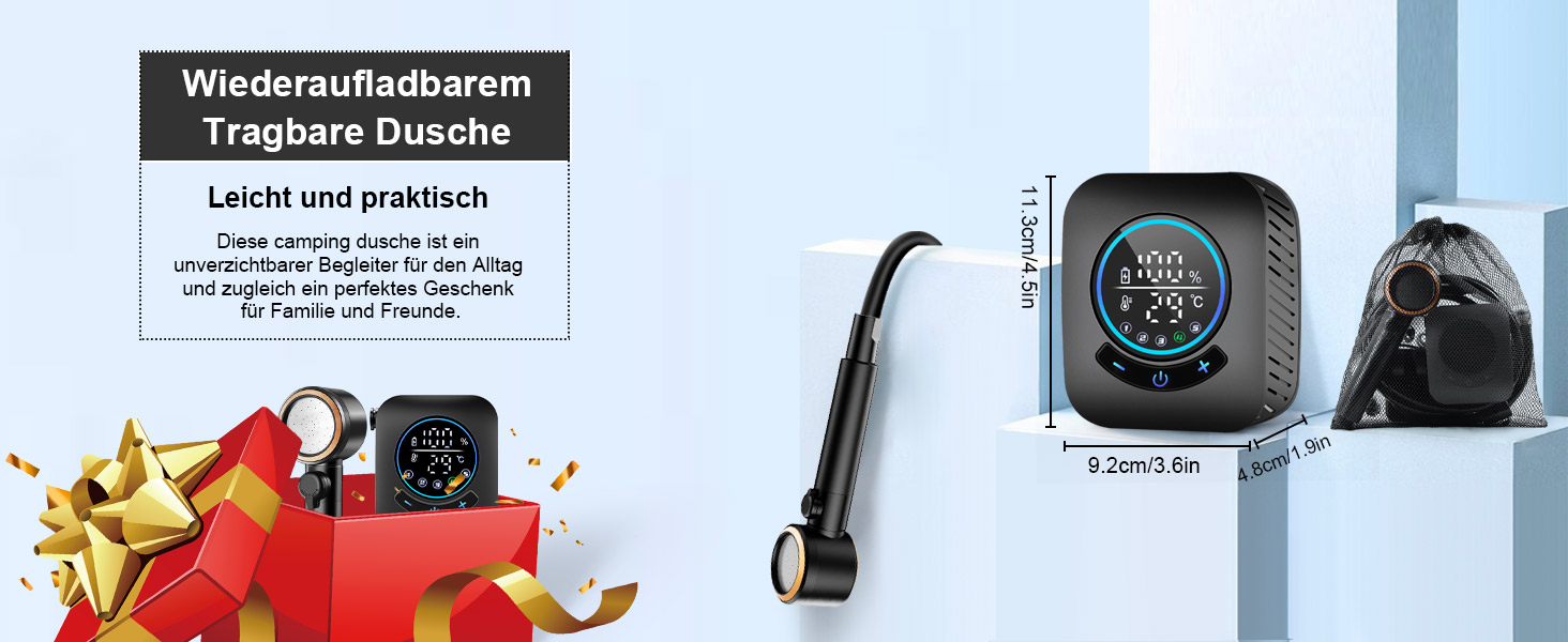 Портативна душ для кемпінгу AUTOPkio з акумулятором 8000mAh, насосом та дисплеєм, IPX8, чорний