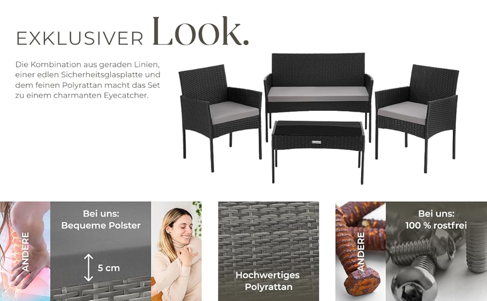 Набір садово-розплідницьких меблів tectake® з ротангу: банкетка, 2 крісла, столик, подушки, чорний колір. Меблі для балкона, тераси, саду.