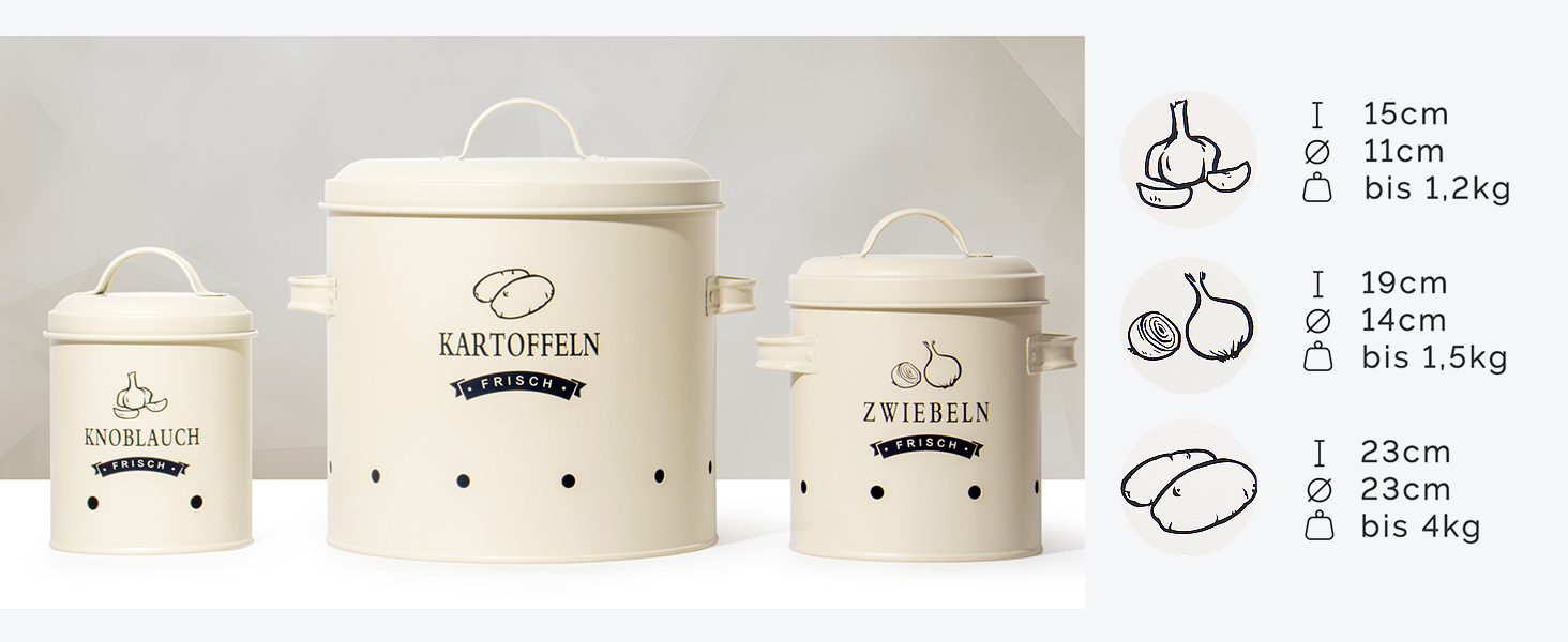 Набір контейнерів для картоплі Theo&Cleo, ретро дизайн, металевий контейнер для зберігання картоплі, кухове зберігання, бежевий колір