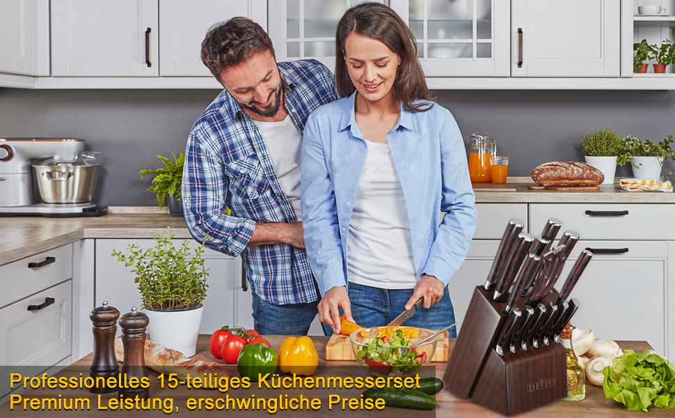 Набір кухонних ножів Dfito 15 предметів з підставкою: професійний набір ножів для кухні, кухонні ножі, кухонний набір, професійний кухарський набір, швейцарський ніж, точилка для ножів, коричневий