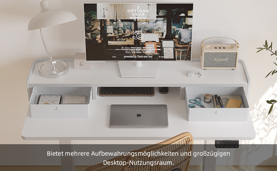 Електричний стіл YIHAYO з висувними ящиками та підставкою для монітора 120x60 см, з функцією пам'яті, Natural White, білий каркас/поверхня