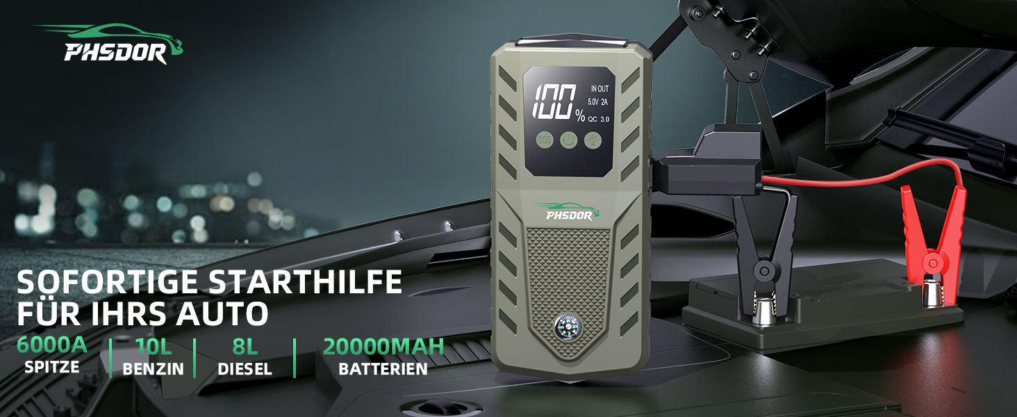 Бустер акумулятора 12V 6000A Jump Starter Powerbank 20000mAh для авто (бензин до 10.0L, дизель до 8.0L) з LED ліхтарем