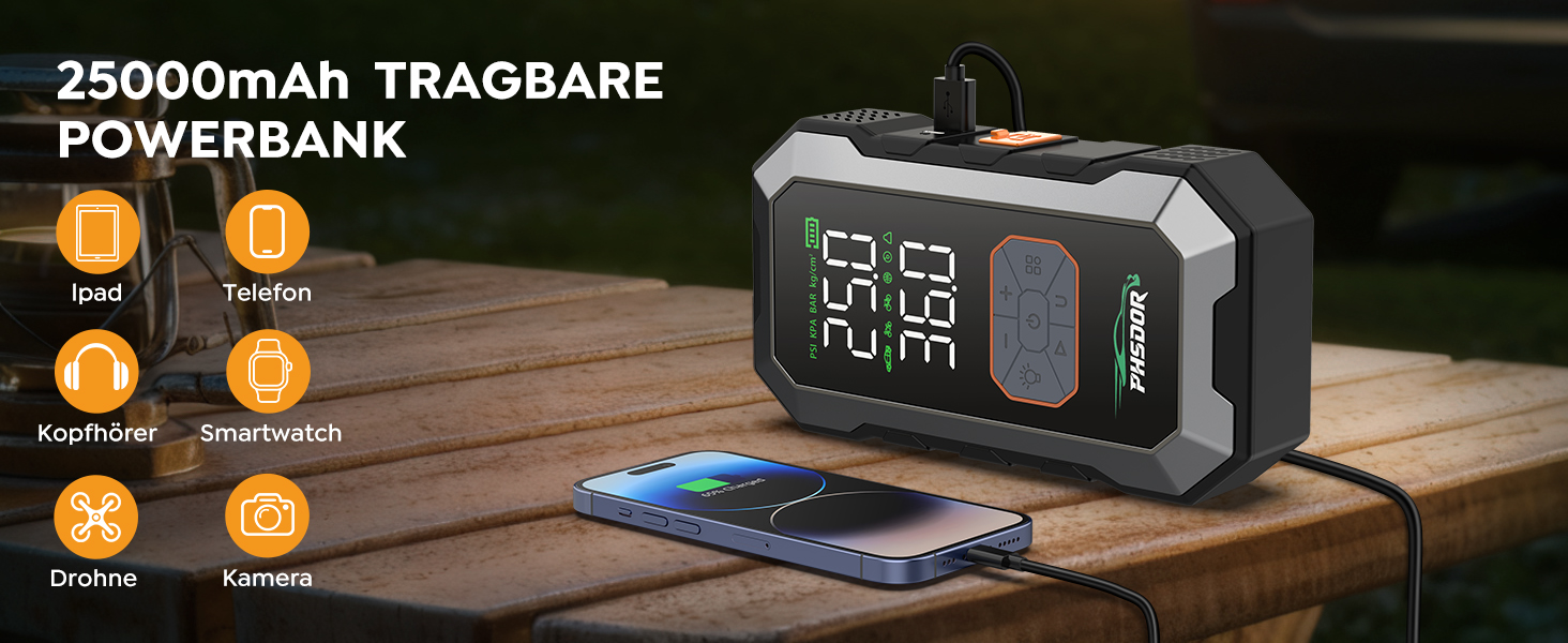 Пусковий пристрій (бустер) 8000A з компресором 150PSI та Powerbank 25000mAh для авто (бензин до 12л, дизель до 10л), з LED-ліхтарем, сріблястий