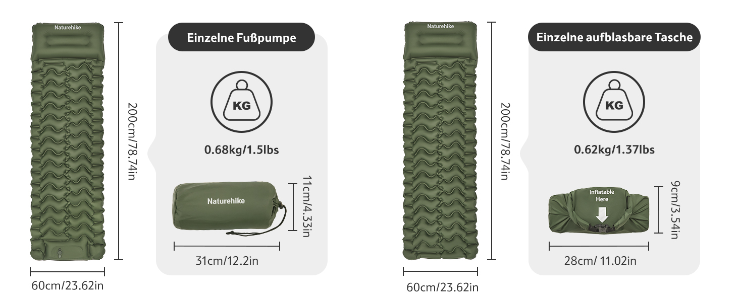 Надувний кемпінговий килимок Naturehike Ultralight з вбудованим насосом для походів та туризму, армійний зелений, одноосбовий