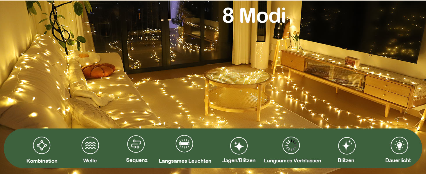 Світлодіодна гірлянда вулична 50м, 200 LED, теплий білий колір, IP44 водонепроникна, з пультом керування, таймером та 8 режимами роботи, прозорий дріт