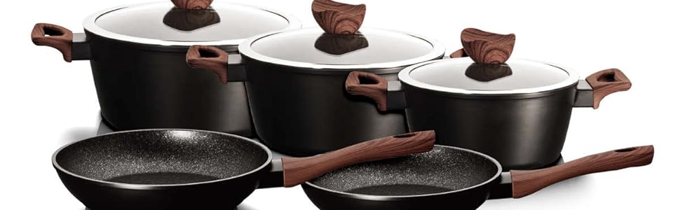 Набір каструль Melody Pot Set Литі алюмінієві каструлі Набір горщиків Індукційний безпечний антипригарний 3008 (набір із 10 предметів, дерев'яний вигляд-1)