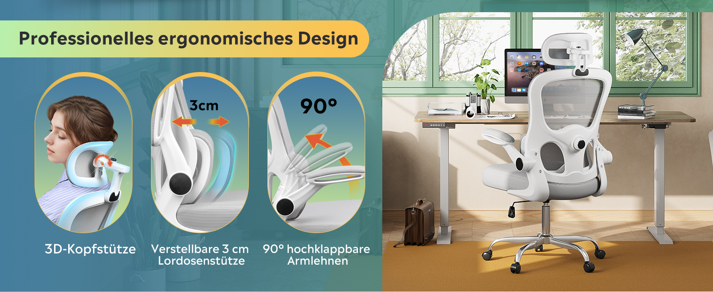 Офісне крісло Devaise Ergonomічне, з підтримкою попереку, 3D-підголівник, регульовані підлокітники, дихаюча сітка спинки, функція гойдання, для офісу та дому, до 150 кг, сірого кольору