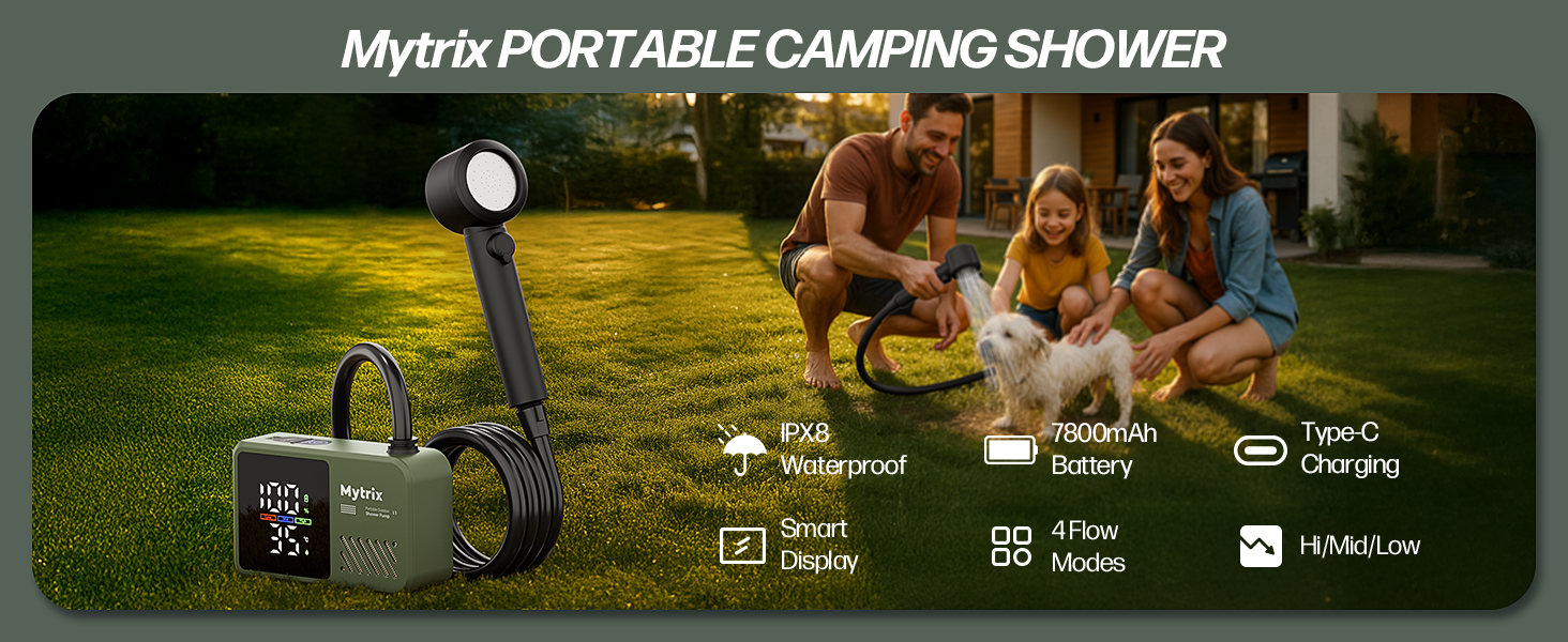 Митрікс Портативна душова система для кемпінгу: 10л/хв, акумулятор 7800mAh, 4 режими, IPX8, для подорожей та автомиття (зелена)