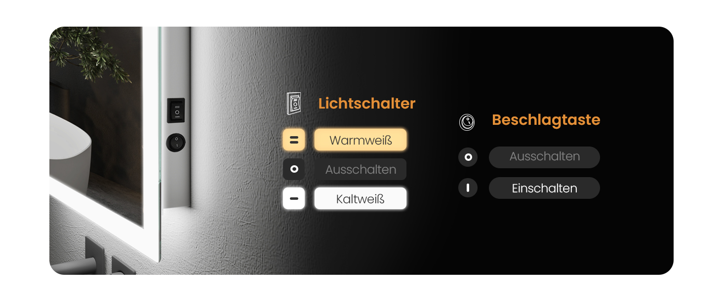 Дзеркало для ванної кімнати EMKE з підсвічуванням 120x60 см, антизапарник, кнопковий вимикач, тепле та холодне біле світло, IP44, енергозберігаюче