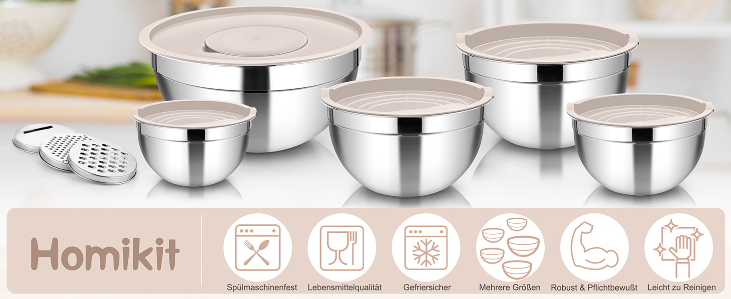 Набір мисок Homikit: 5 мисок з нержавіючої сталі з кришками та силіконовим дном, мультифункціональні, складані, придатні для миття в посудомийній машині, 6.6L / 3.5L / 2.5L / 1.5L / 1L (Хакі, з 3 тертками)