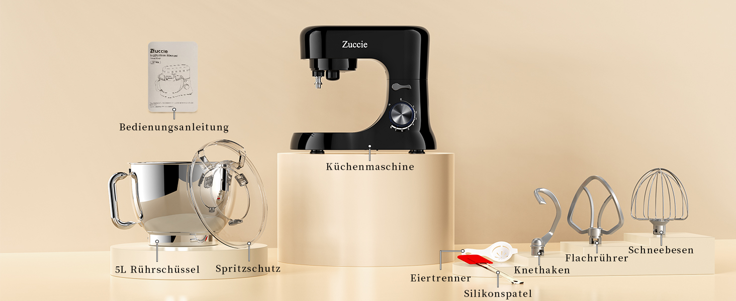 Кухонна машина Zuccie з тихою роботою, 5л чаша з нержавіючої сталі, 3 насадки, сплітц-захист, скребок для тіста та роздільник яєць, 8+P швидкості, для приготування тіста (білий/чорний)