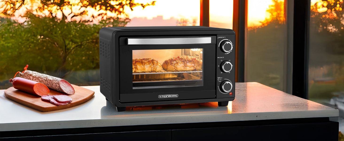 Міні-піч Steinborg 25 л з конвекцією: піч, піца, хліб. Таймер, 100-230°C, зйомний піддон. Економне споживання енергії
