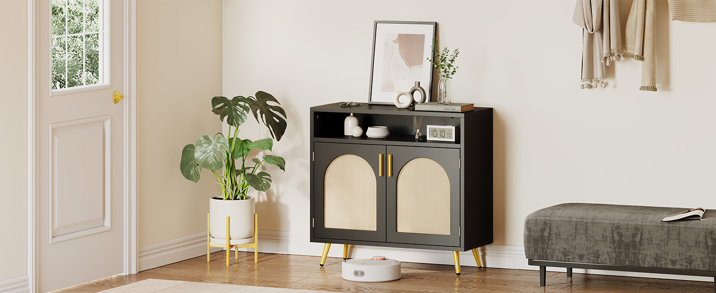 Сервант-комод YITAHOME чорний, кухонна шафа-буфет з ротанговими вставками, 80x35x75 см