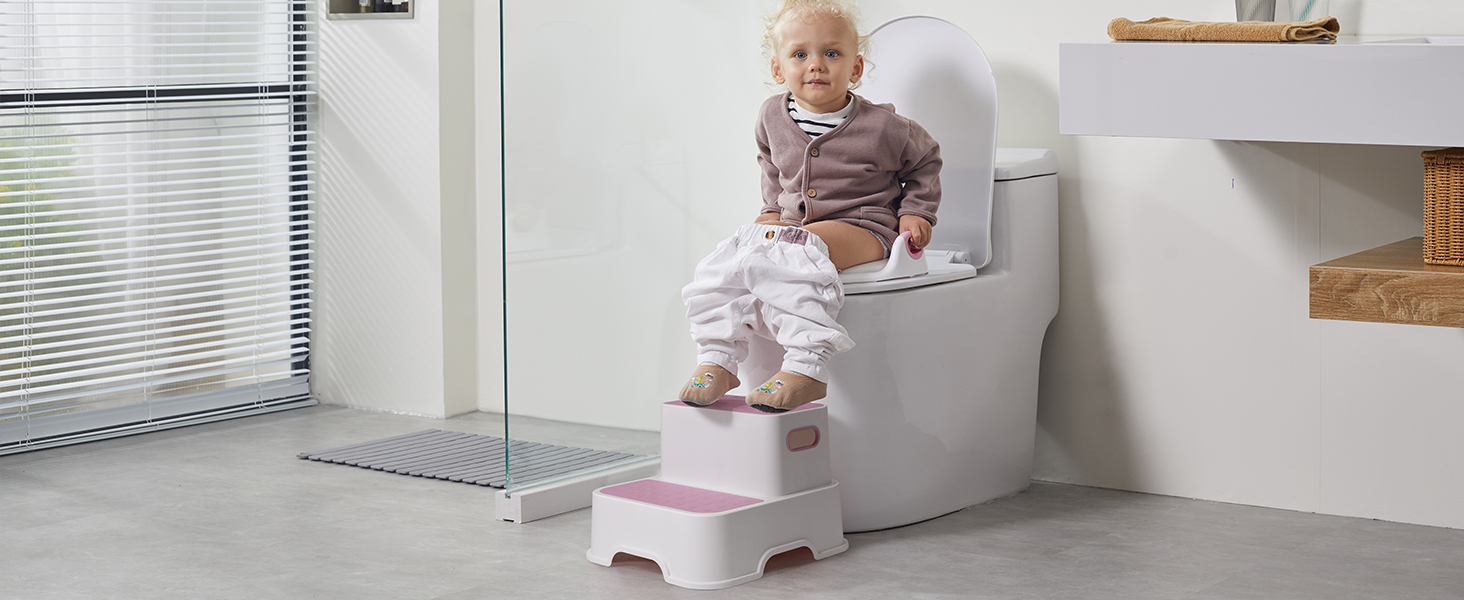 Дитяче сидіння на унітаз DEANIC з підставкою-сходинками, рожеве - для малюків від 1 до 6 років + 2 подушки та щітка