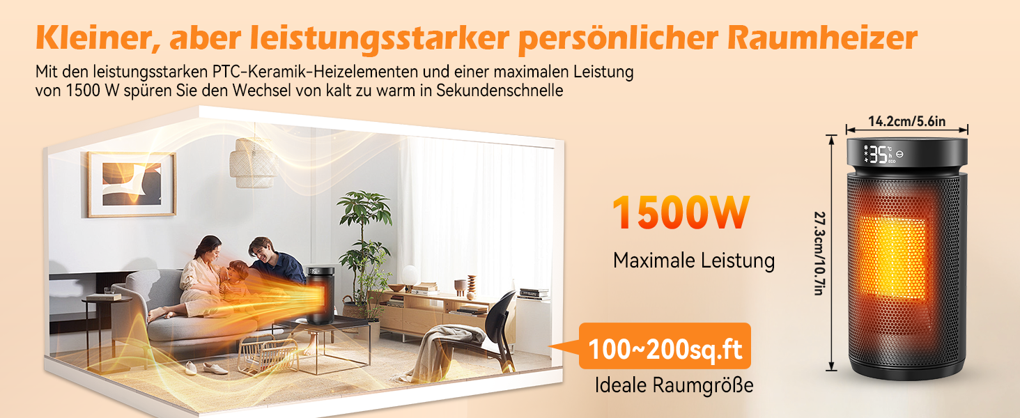 Електричний обігрівач 1500W з PTC керамічним нагрівачем, тихий (34 dB), з термостатом, таймером (12 год) та захистом від перегріву та перекидання. З пультом керування, чорний.