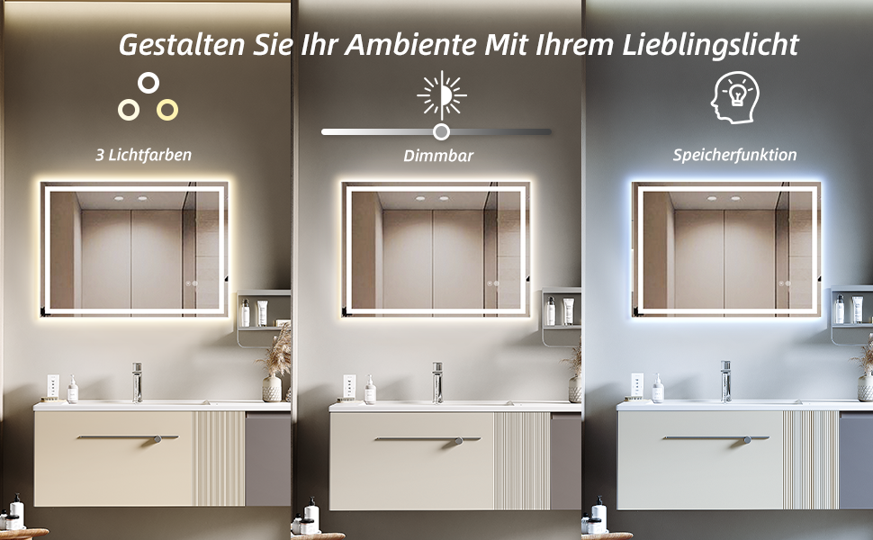 Дзеркало для ванної кімнати HySail з підсвічуванням, 5 мм, висока роздільна здатність, срібне покриття, 3 колірні температури та регульована яскравість, з сенсорним вимикачем та антизапарюючим покриттям, прямокутна форма (100 x 60 см)