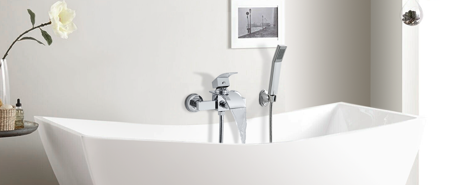 Набір для ванни з водоспадом: змішувач, душова лійка, шланг, кріплення для стіни (хром)