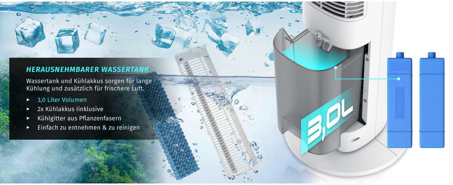 Вентилятор вежний Brandson з функцією охолодження водою ECO Design, тихий, DC мотор, з пультом, енергоефективний, з коливанням