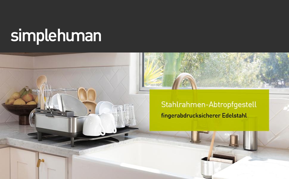 Підставка для посуду simplehuman KT1181 з піддоном та тримачем для столових приборів, велика, сіра, матова нержавіюча сталь