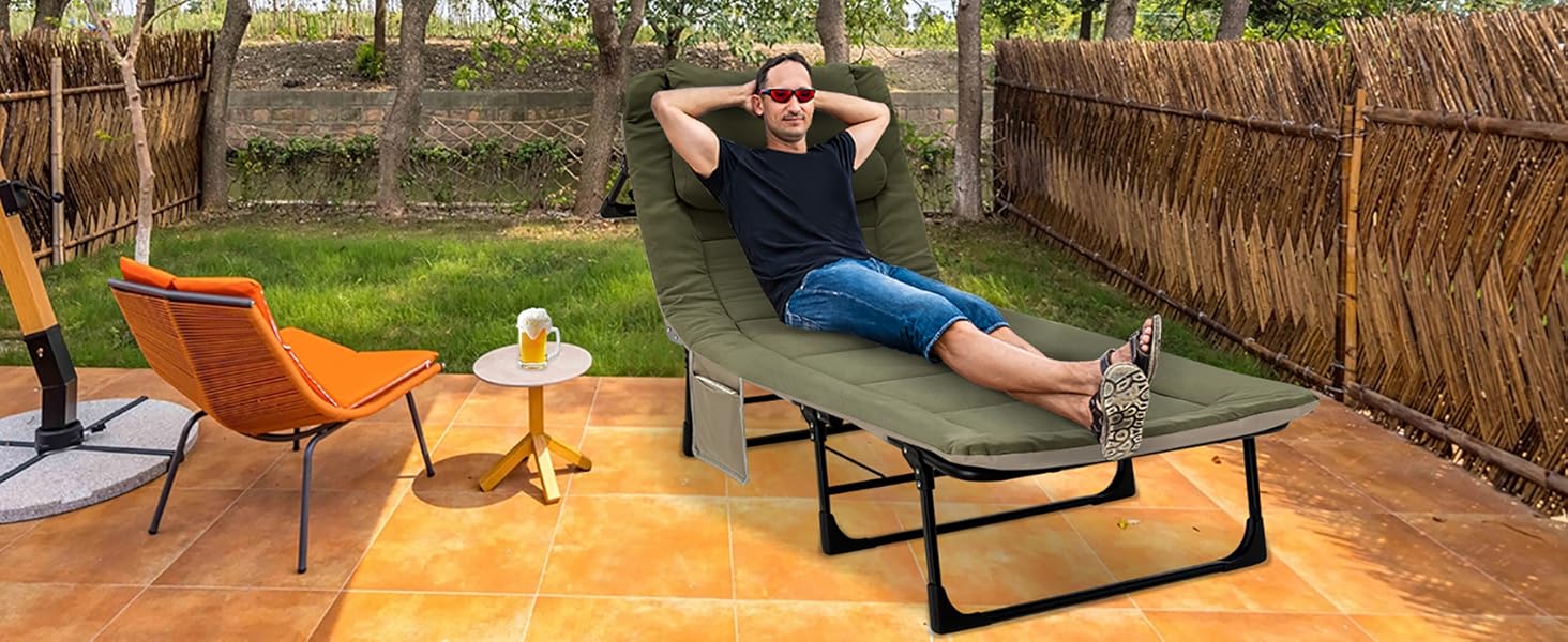 Розкладне кемпінгове ліжко XXL — Широка складана койка-розкладачка з регульованою спинкою для відпочинку, риболовлі та саду, зелена